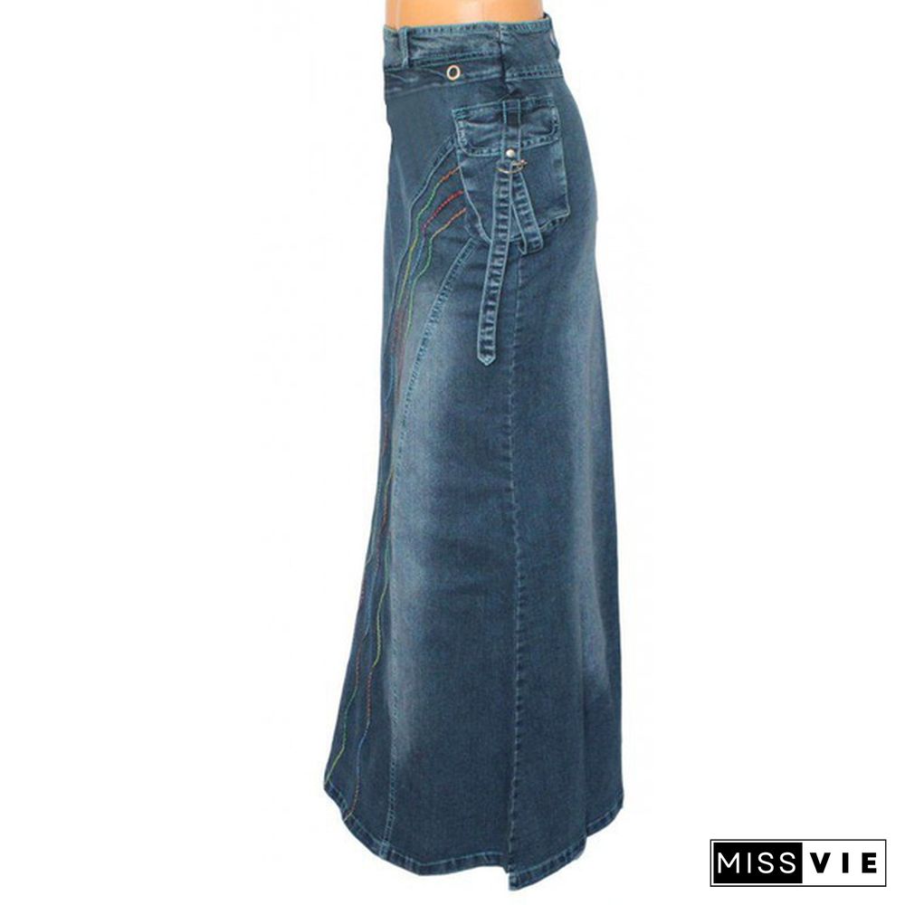 Women Fashion Casaul Stretch Cargo Denim Skirt Bell Skirt Floor Length Washed Denim Jeans Skirt Plus Size