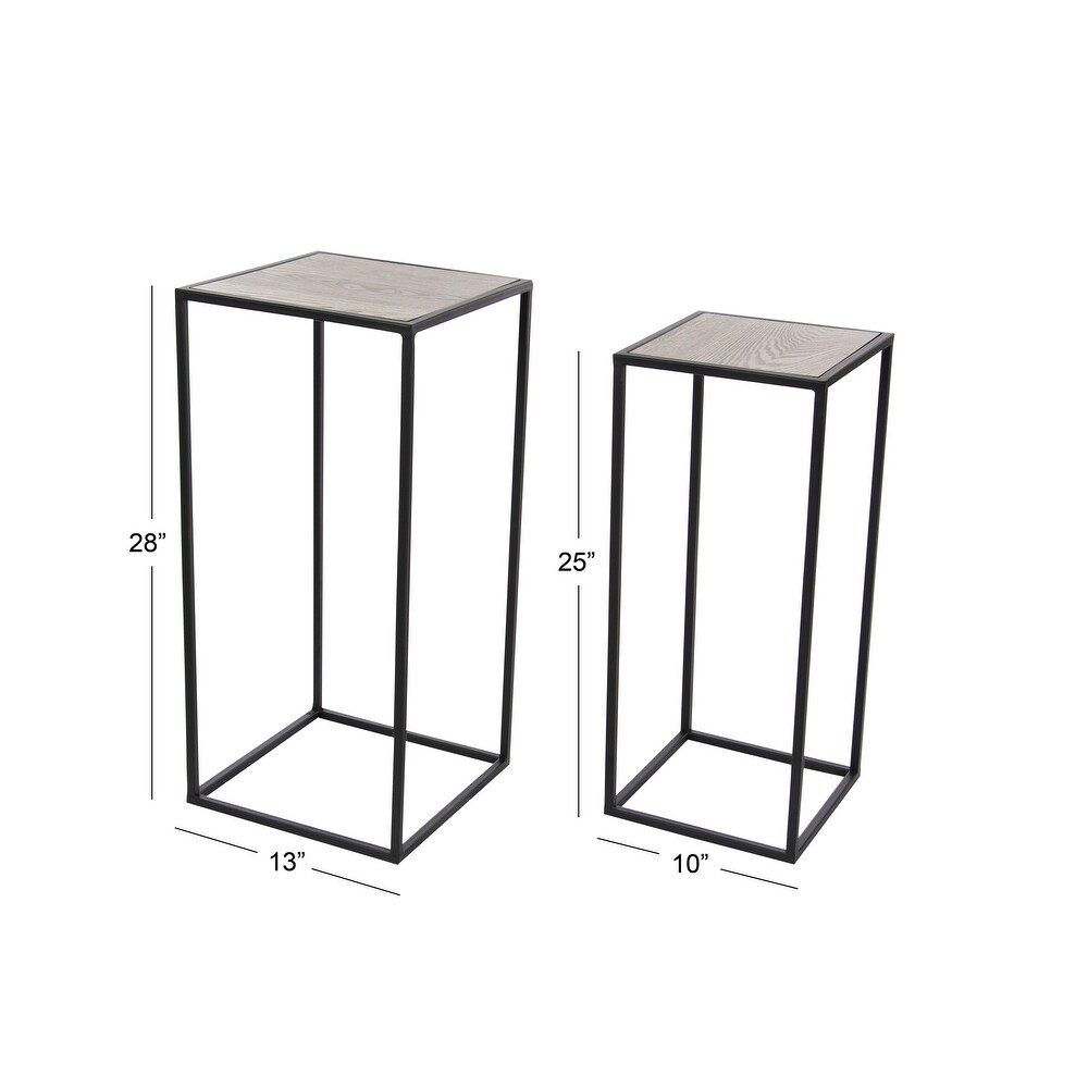 Black Metal Contemporary Accent Table with Brown Wood Tops (Set of 2)   13 x 13 x 28