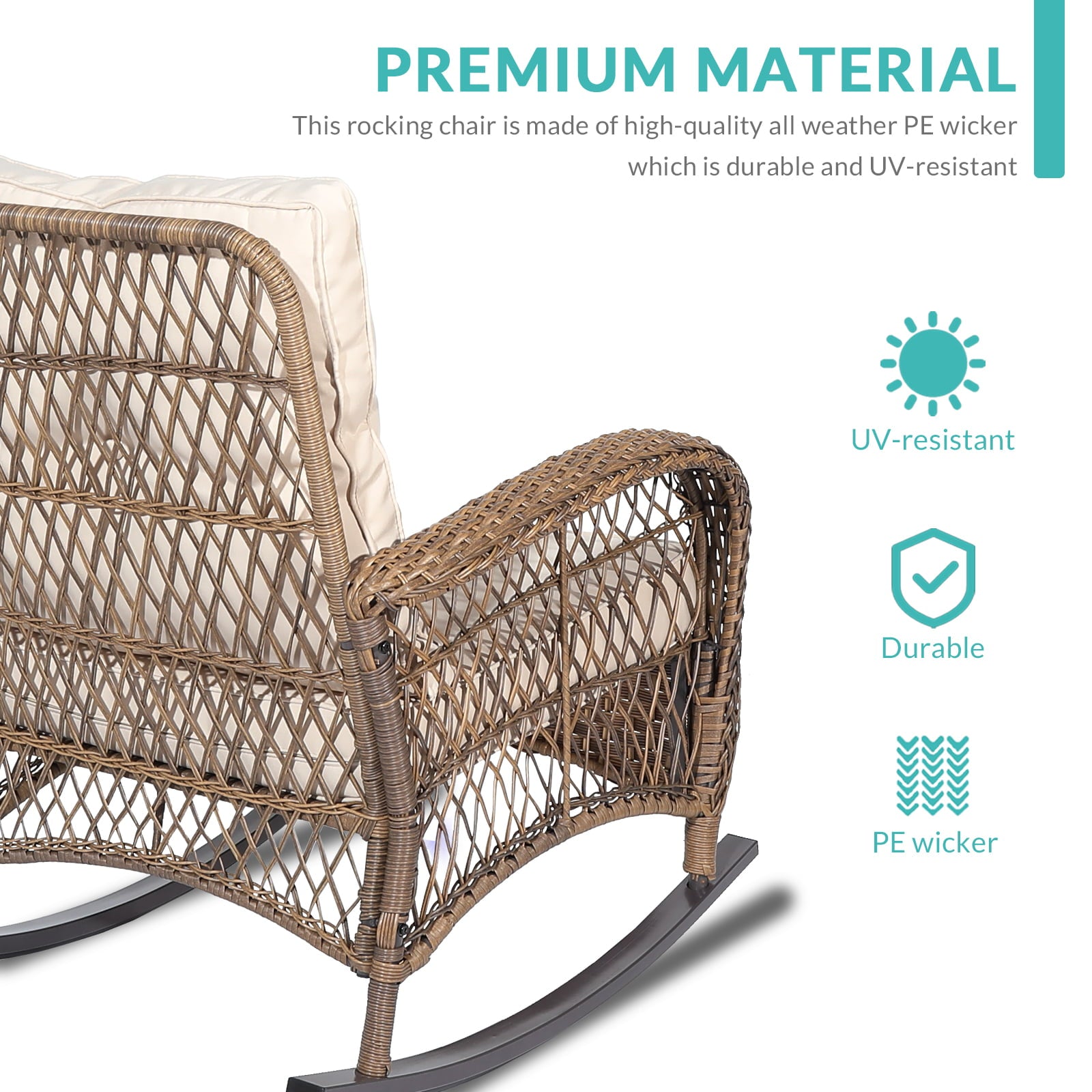 MEETWARM Outdoor Wicker Rocking Chair, Rattan Patio Rocker Chairs with Cushions and Steel Frame - Beige