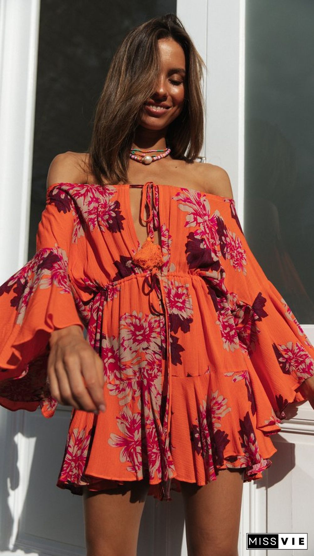 Carrot Floral Off Shoulder Withdraw Rompers