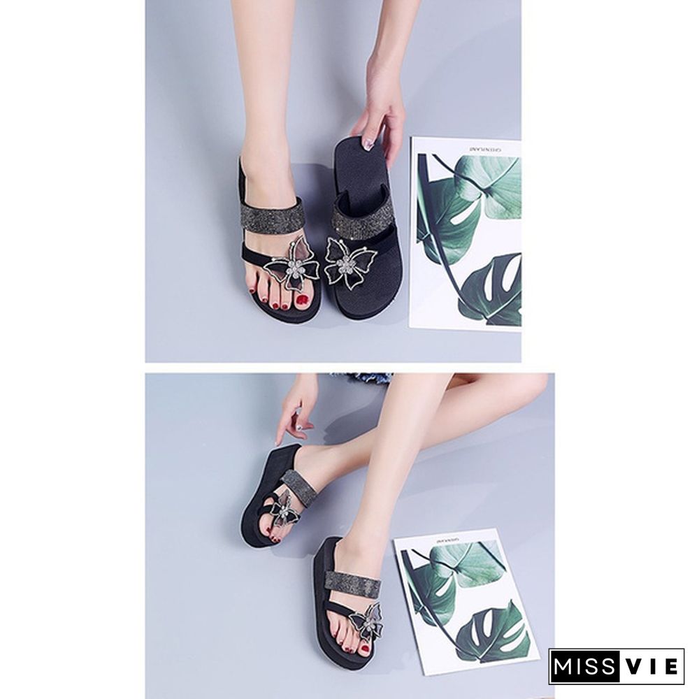 Summer Women Fashion Platform Slippers Rhinestone Diamond Casual Sandals Beach Flat Flip Flops Bling Bling Slippers Beach Sandals Plus Size 35-43