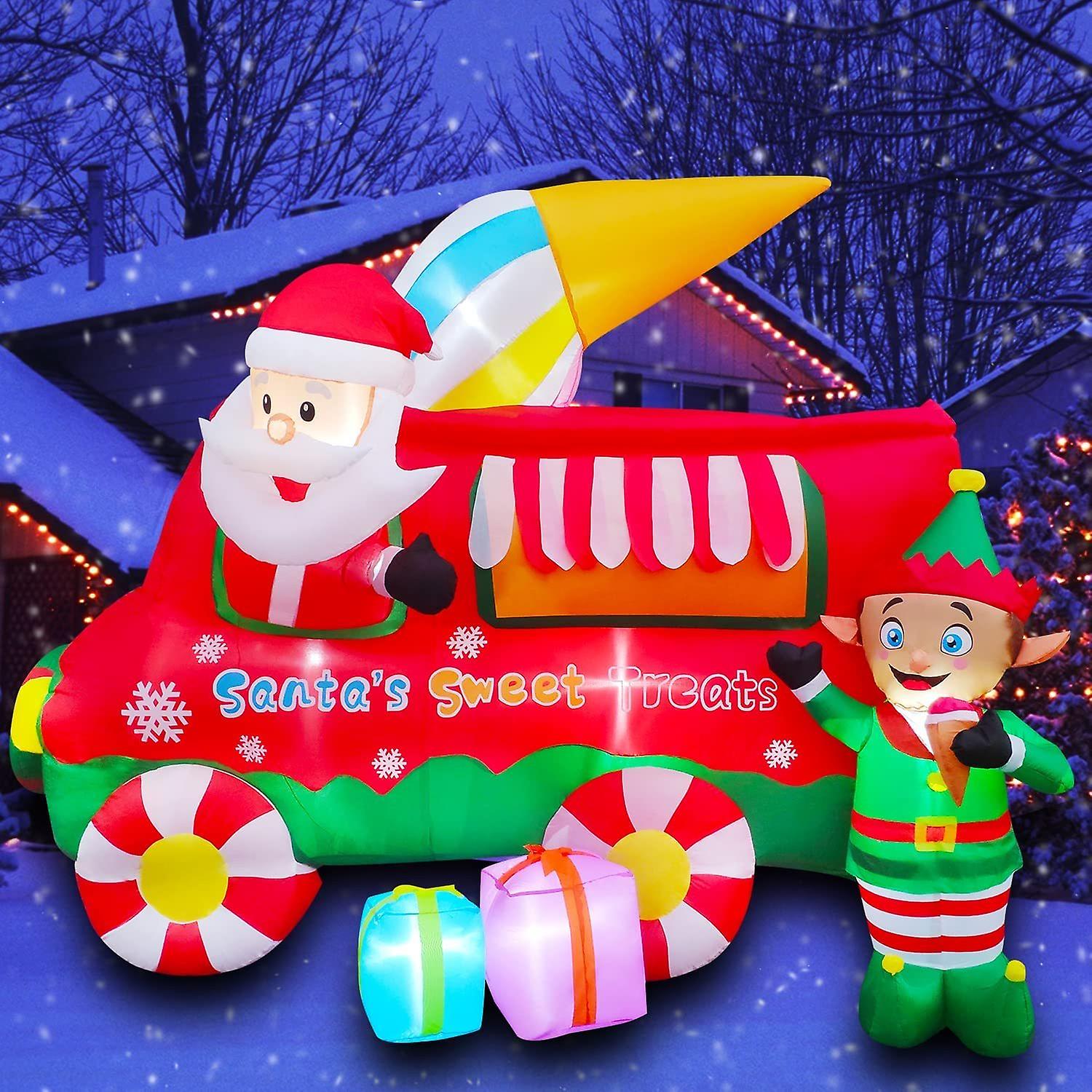 Inflatable Christmas Ice Cream Truck Decoration With Santa Claus Elf Gift Boxes Decor Led Lighted For Yard Lawn Garden Home Party