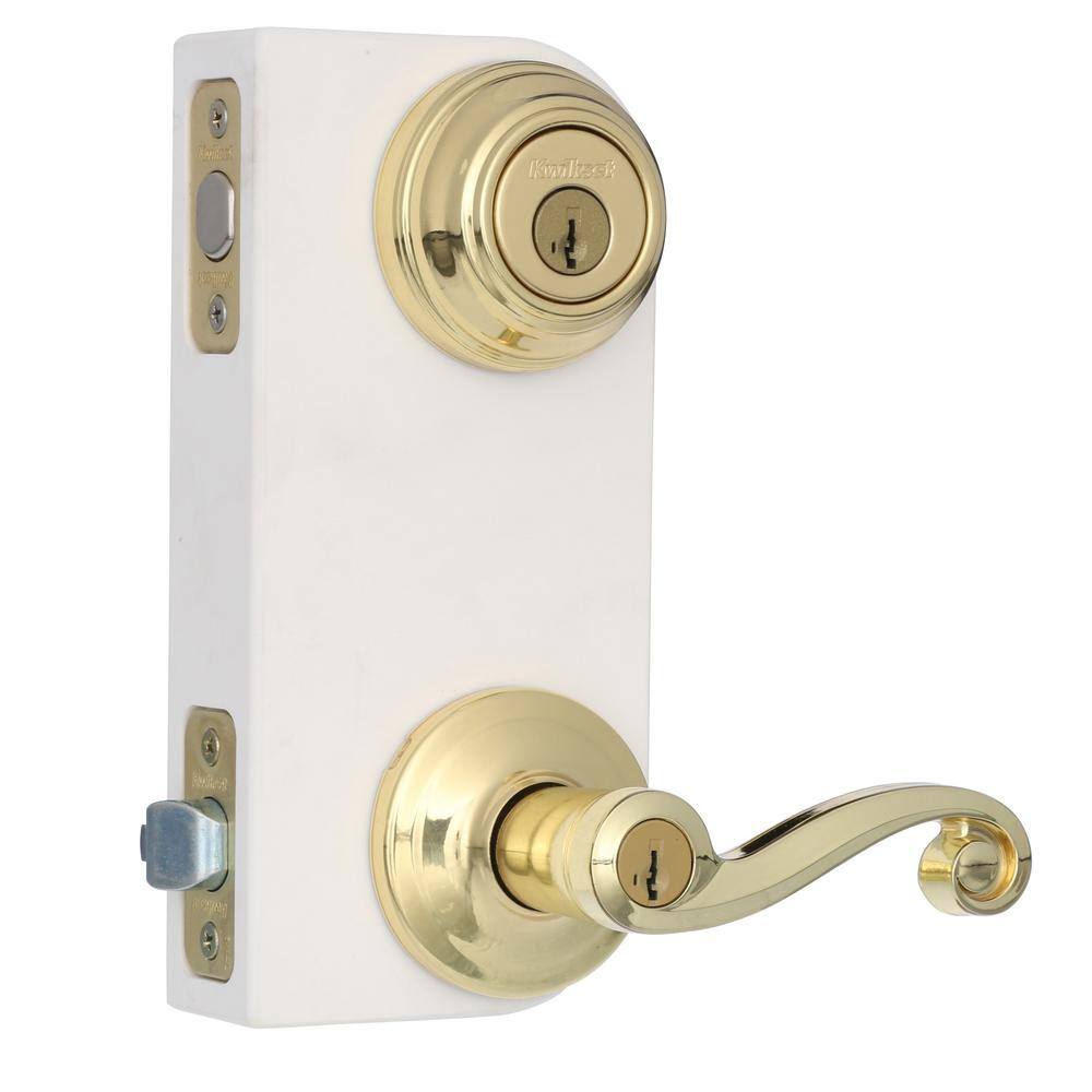 Kwikset Lido Polished Brass Exterior Entry Door Handle and Single Cylinder Deadbolt Combo Pack Featuring SmartKey Security 991LL 3 SMT CP