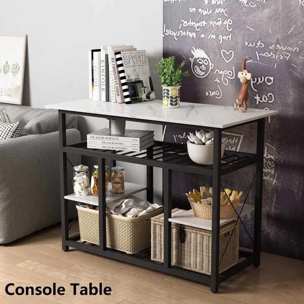 Kitchen Island with 4 Open Shelves(2 Side Shelves) and Wood Surface， Multifunctional Counter Height Prep Table， Marble