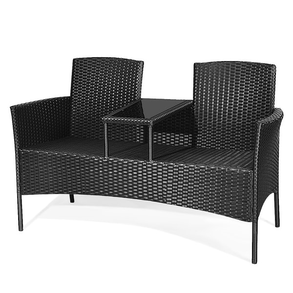 Gymax Rattan Wicker Patio Conversation Set w/ Table Red Cushion