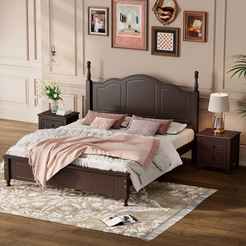 3 Pieces Retro Style Bedroom Sets  Queen Size Wood Platform Bed and Two Wood Finished Nightstands  Walnut