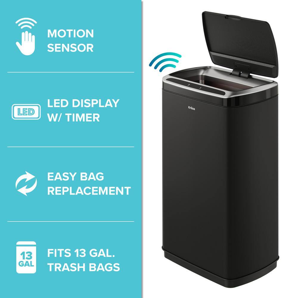 KRAUS Garbage Pro Rectangular 13 Gal. Touchless Motion Sensor Trash Can in Matte Black with Soft Shut Lid KTCS-10MB