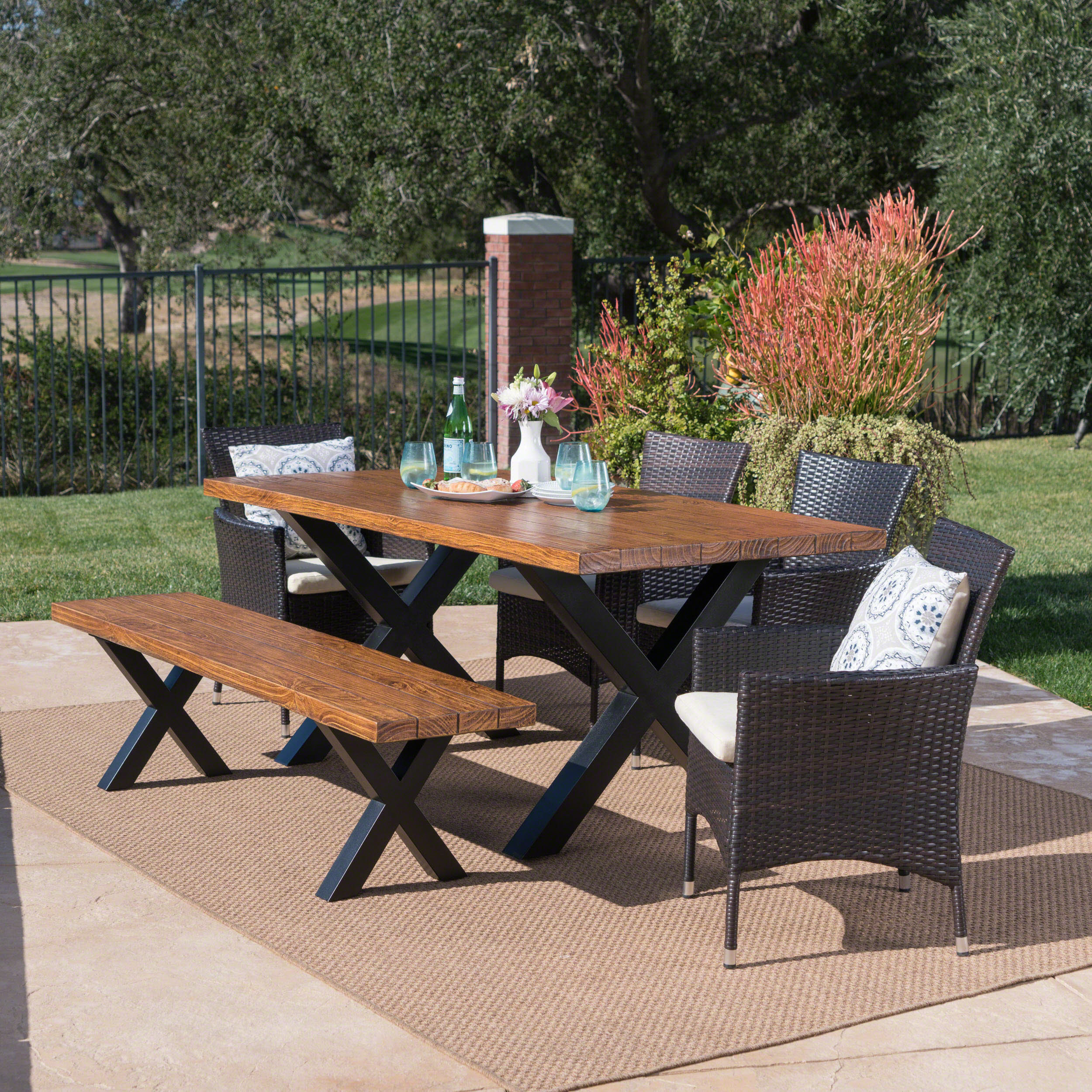 Nazareno Outdoor 6 Piece Wicker Dining Set with Concrete Table and Bench