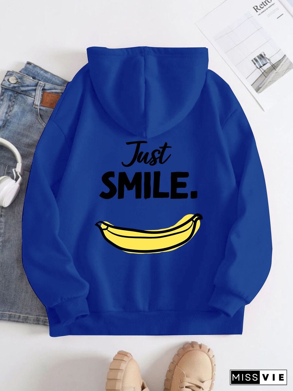 Printed on the Back Kangaroo Pocket Hoodie Long Sleeve for Women Pattern Just Smile