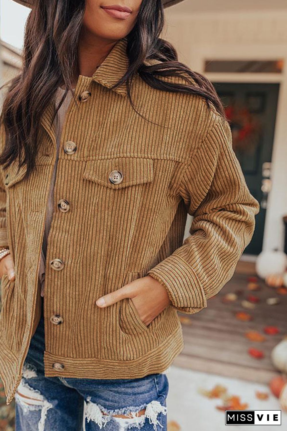 Khaki Ribbed Corduroy Long Sleeve Jacket with Pocket