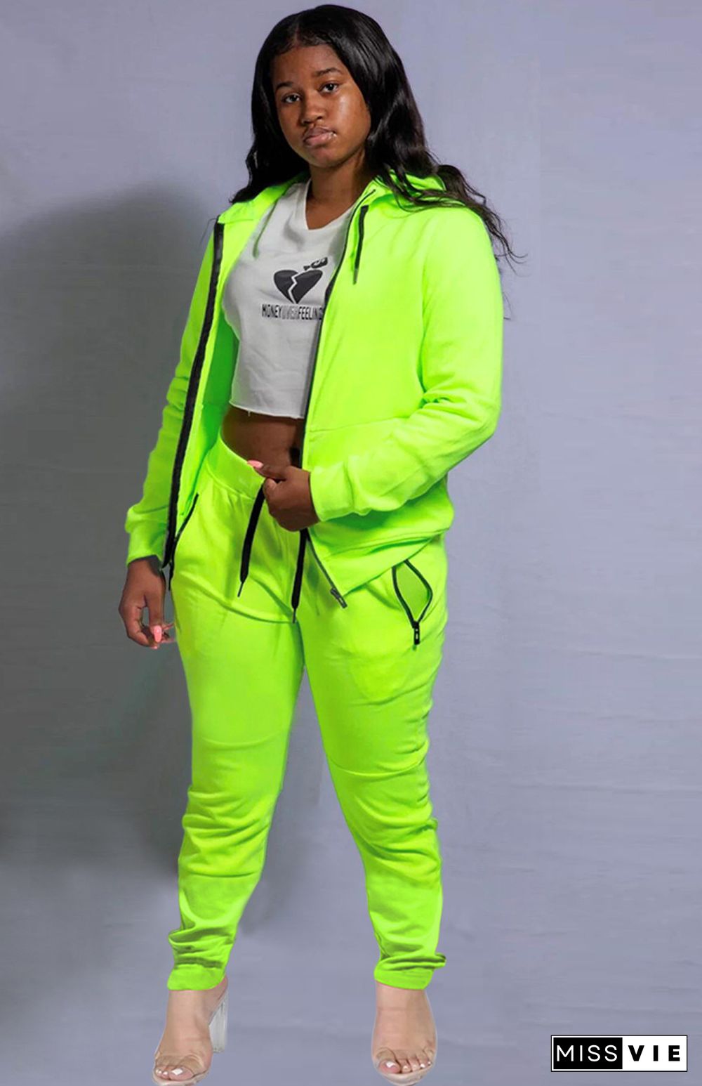 Hooded Long Sleeve Jacket Top Sport Pants Two Piece Outfits