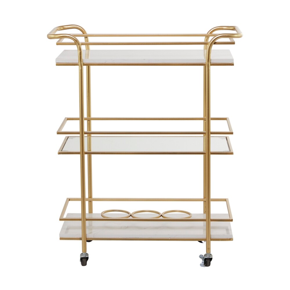 Gold Marble Rolling 1 Glass and 2 Marble Shelves Bar Cart with Handles   13.2 x 26.5 x 32.5