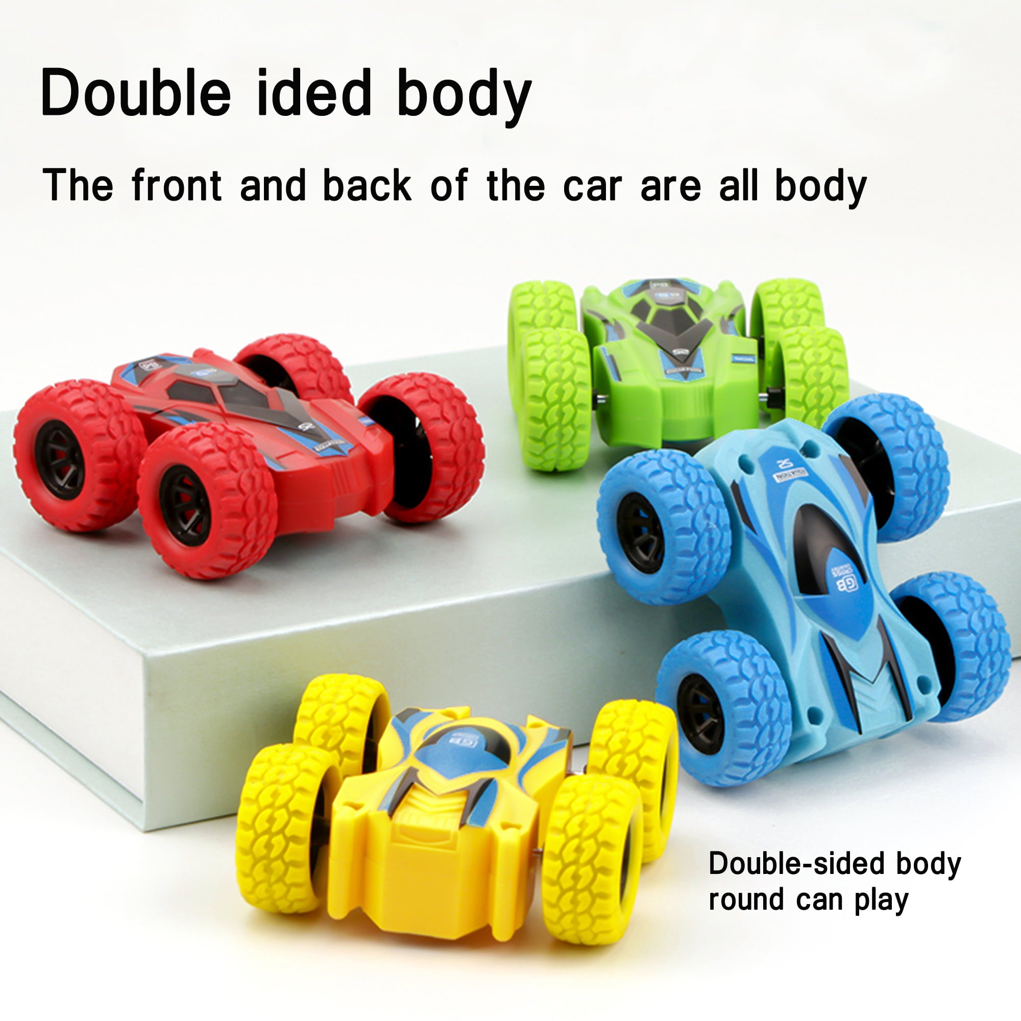 SAYFUT 4 Pack/Set Friction Powered Car Toys， Double-sided Stunt Flip Inertia Car， Push and Go Toy Cars for Toddlers， Powered Pull Back Toys Vehicle 360 Rotation and Flips Off Road Novelty Car Toys