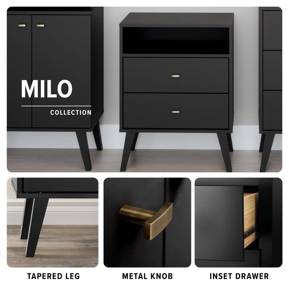 Prepac Milo Mid-Century Modern Bookcase with Inlet Shelves Two Doors and Brushed Brass-Finished Knobs Black BSBL-1418-1