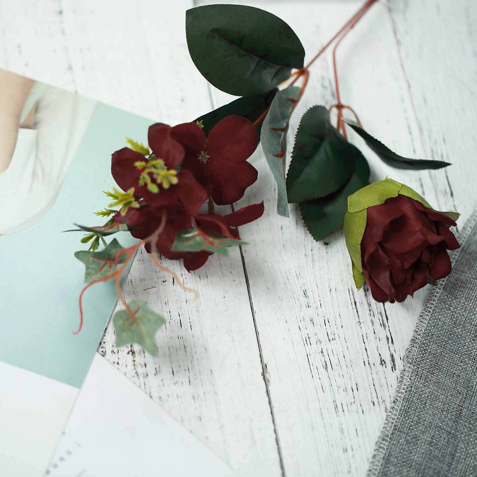 2 Bush Burgundy Artificial Silk Peony, Rose and Hydrangea Flower Bouquet