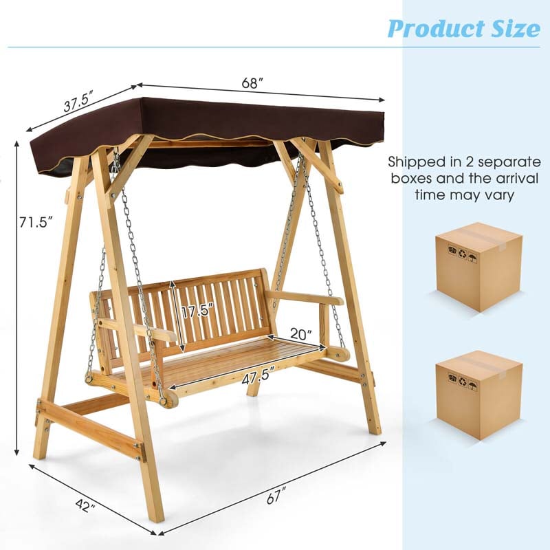 2-Person Wooden Porch Swing Bench Chair, A-Frame Outdoor Patio Swing with Adjustable Canopy