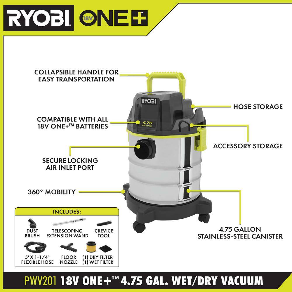 RYOBI ONE+ 18V Cordless 4.75 Gal. WetDry Vacuum Kit with 4.0 Ah Battery and Charger PWV201KN