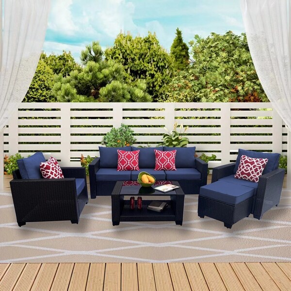 Modern 7PC PE Rattan Wicker Sofa Set，Cushioned Outdoor Furniture，Coffee Table