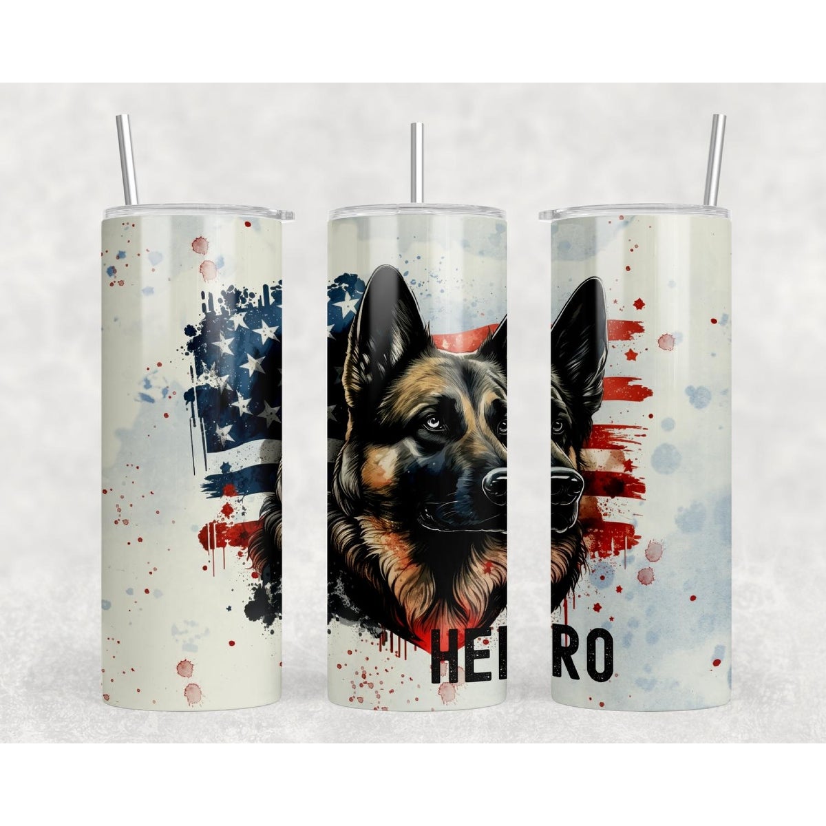 German Shepherd Dog USA Flag Hero 20 Oz Skinny Metal Tumbler w/Lid and Straw - Multi