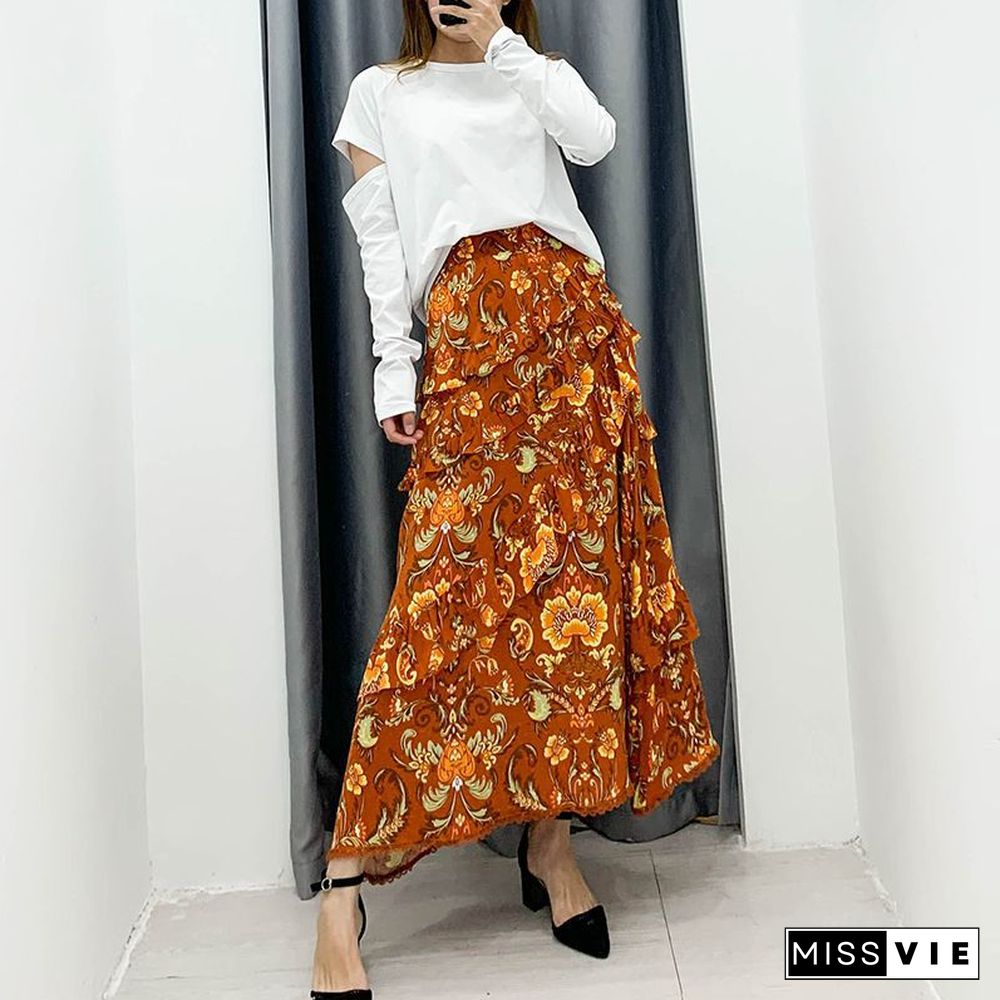 90s Fashion Retro Elastic Waist Paisley Ruffle Midi Skirt