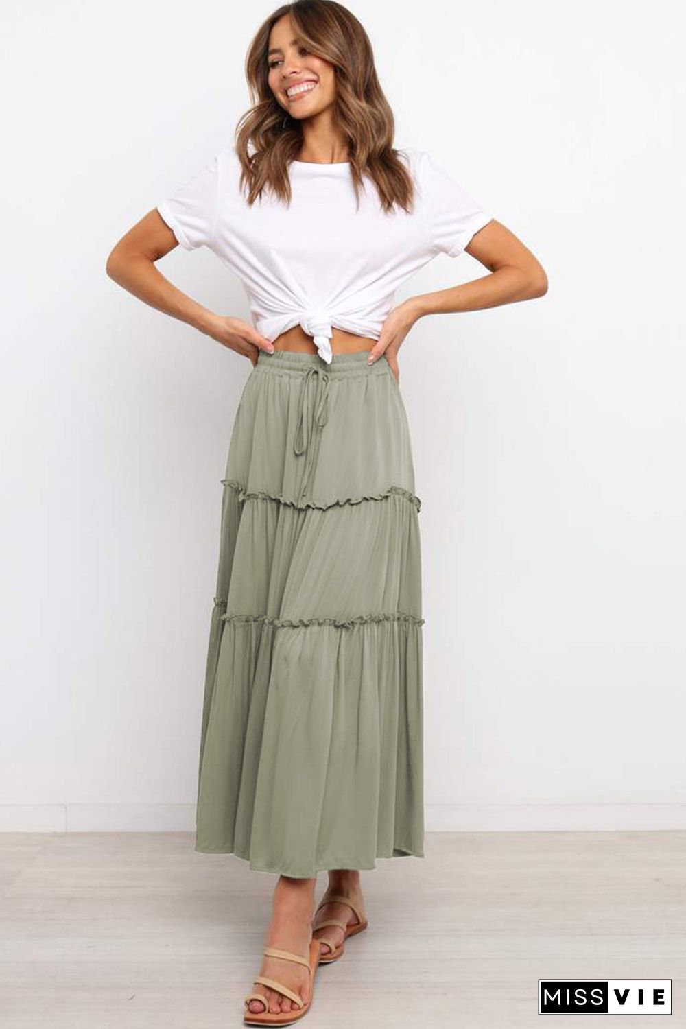 Green Solid Layered Ruffled Drawstring High Waist Maxi Skirt