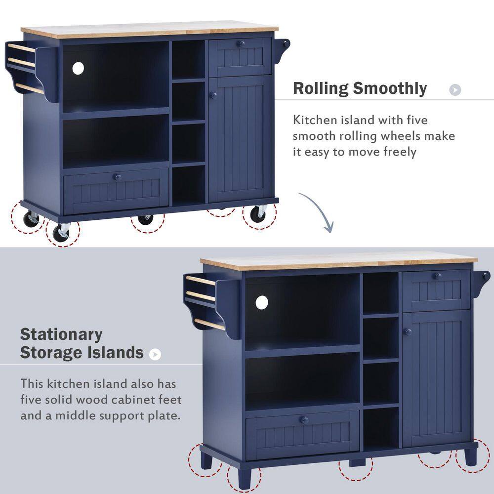 tunuo Dark Blue Rolling Kitchen Island Cart with Rubber Wood Top and Microwave Cabinet (51 in. W) SFWF-296670DB