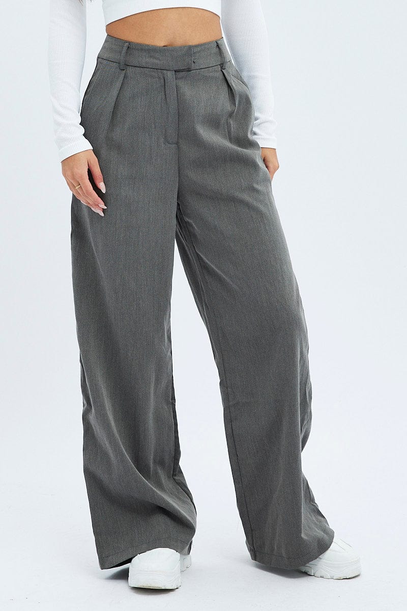 Grey Wide Leg Pants Low Rise