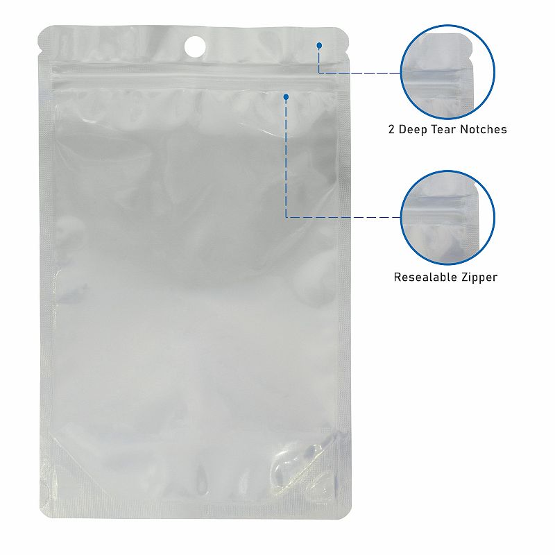 Stand Up Pouches， Resealable Food Storage Bags， Zipper Closure， Multiple sizes with Hang Hole， 100 pcs， 5 x 8