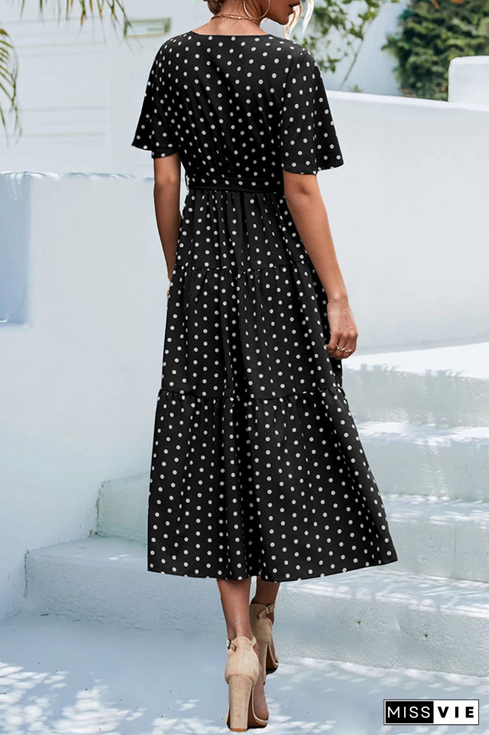 Polkadot V Neck Waist Tie Tiered Ruffle Dress