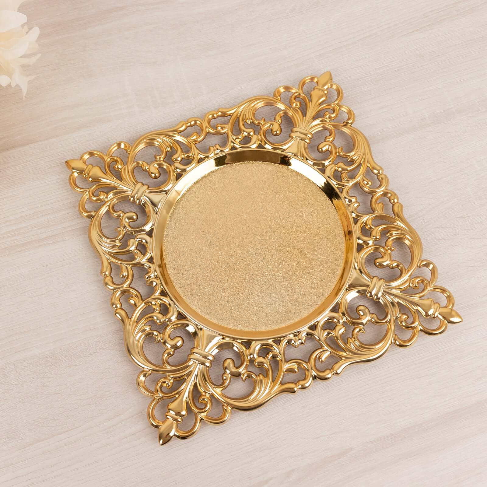 6 Pack Gold Square Acrylic Charger Plates with Hollow Lace Border, Dinner Chargers Event Tabletop Decor - 12