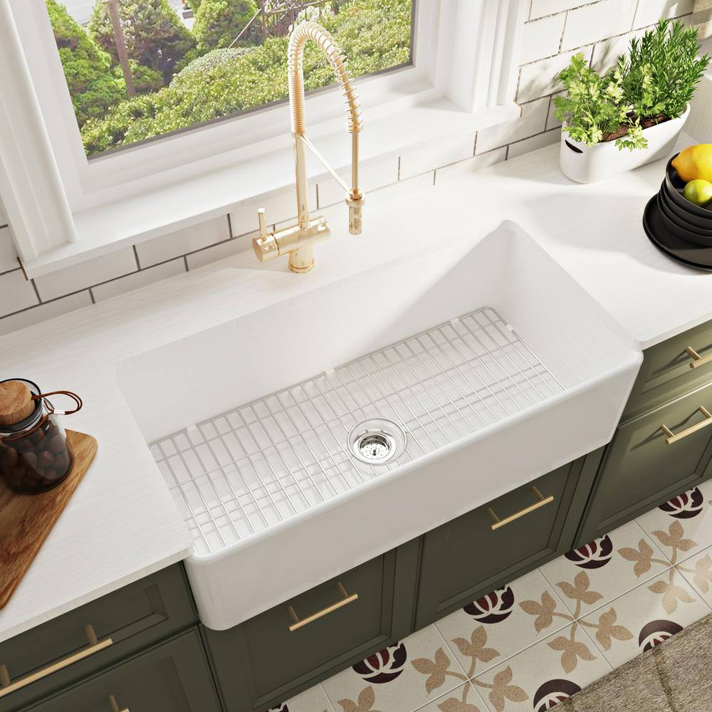 DEERVALLEY Grove White Fireclay 36 in. L x 18 in. W Rectangular Single Bowl Farmhouse Apron Kitchen Sink with Grid and Strainer DV-1K505