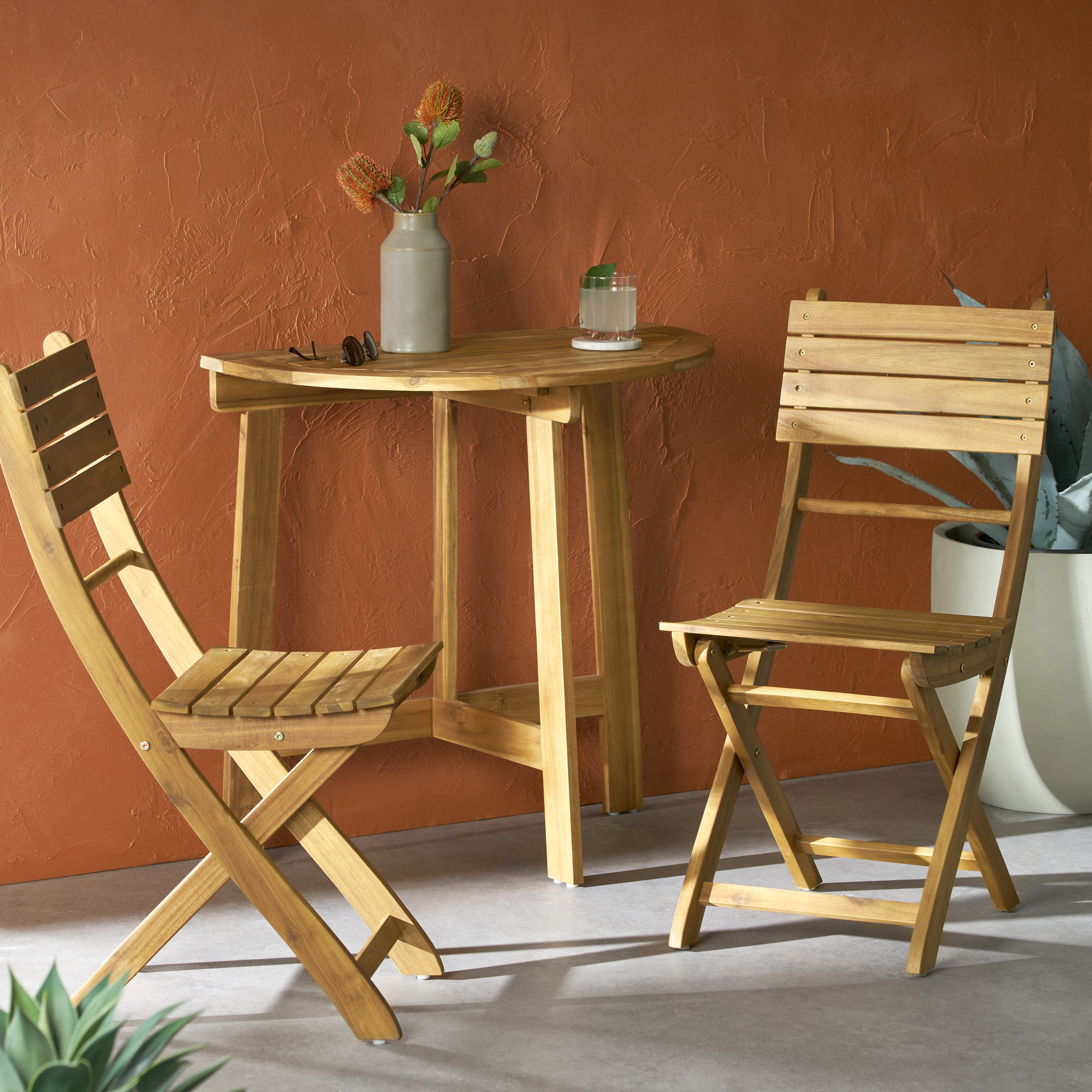 Sophia Outdoor 2 Seater Half-Round Acacia Wood Bistro Table Set with Folding Chairs