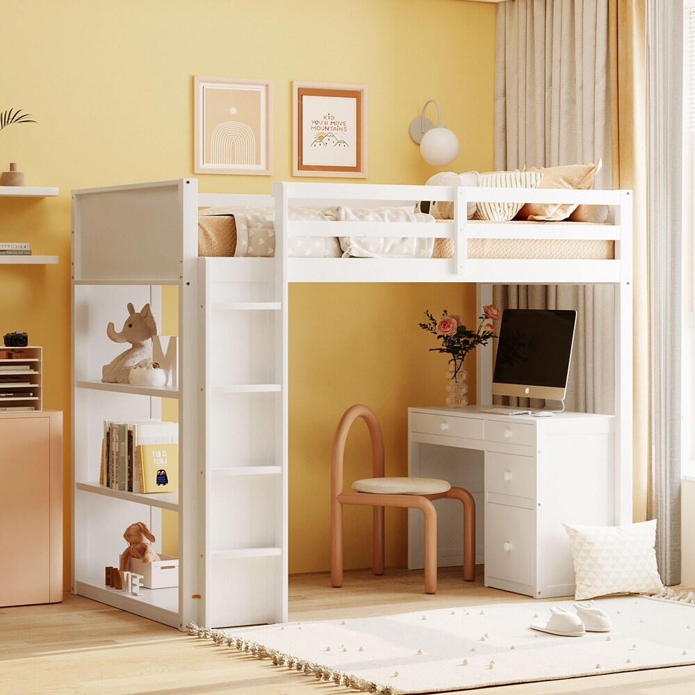 White Solid Pine Wood Twin Size Loft Bed with Shelves  Drawers  and Desk  Maximized Space   Multi function