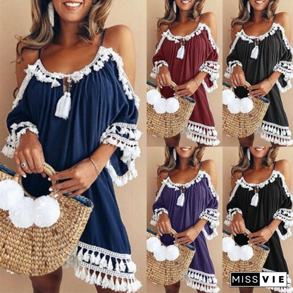 Fashion Summer Women Sexy Tassel Mini Dress Casual Off Shoulder Halter Half Sleeve Vintage Female Dresses 2 Colors