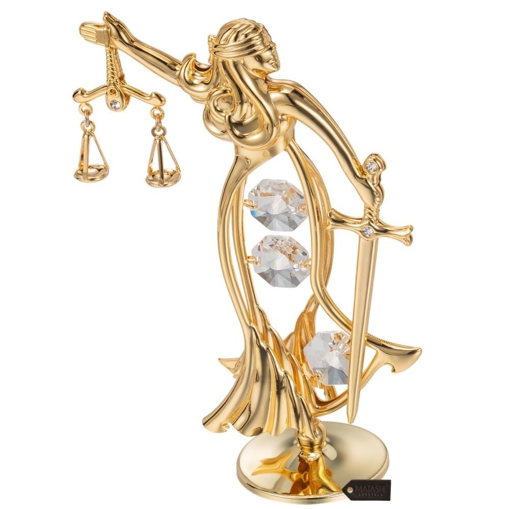 24k Goldplated Exquisite Lady of Justice Table Top Made with Genuine Matashi Crystals