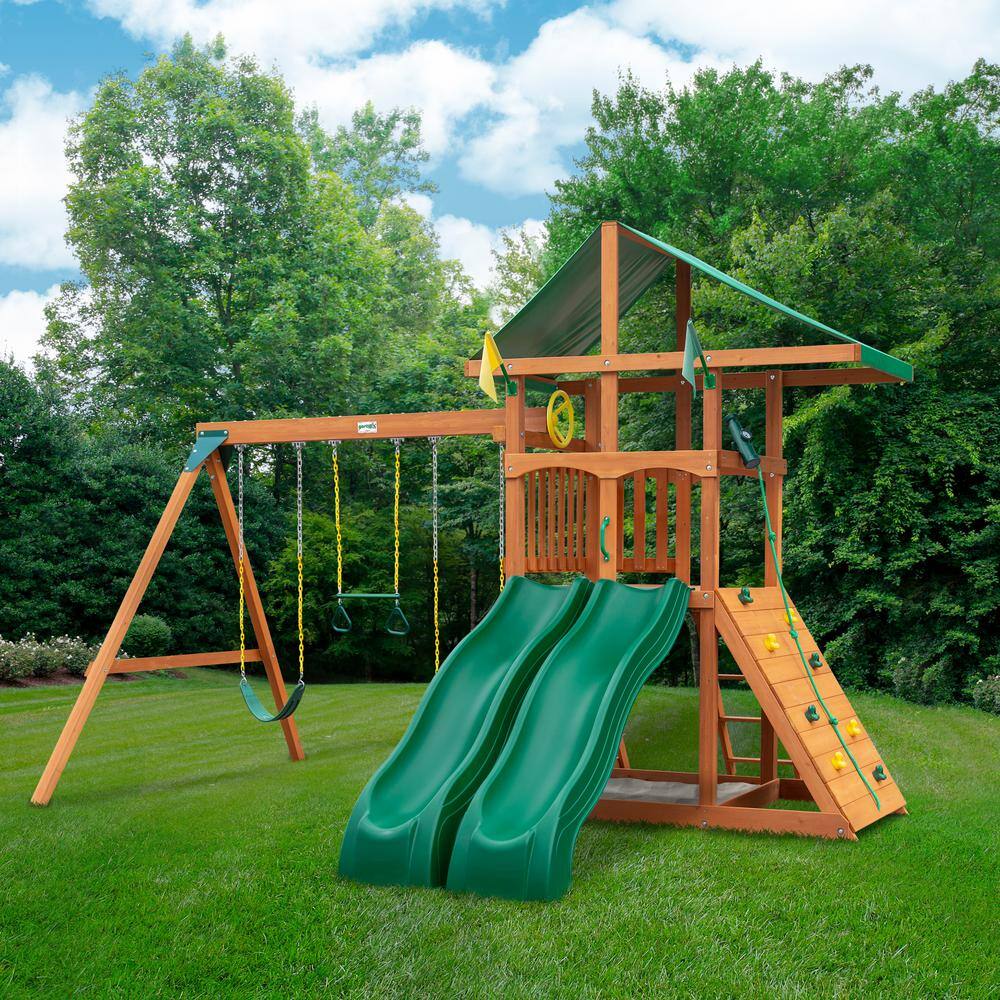 Gorilla Playsets DIY Outing III Wooden Outdoor Playset with Canopy Roof 2 Wave Slides Rock Wall and Backyard Swing Set Accessories 01-1070