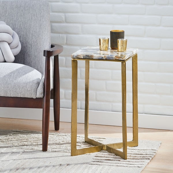 Selms Boho Glam Handcrafted Aluminum Side Table with Agate Marble Top by Christopher Knight Home