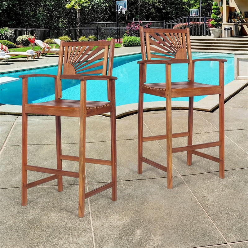 Outdoor Acacia Wood Bar Chairs Set of 2 with Sunflower Backrest and Armrests