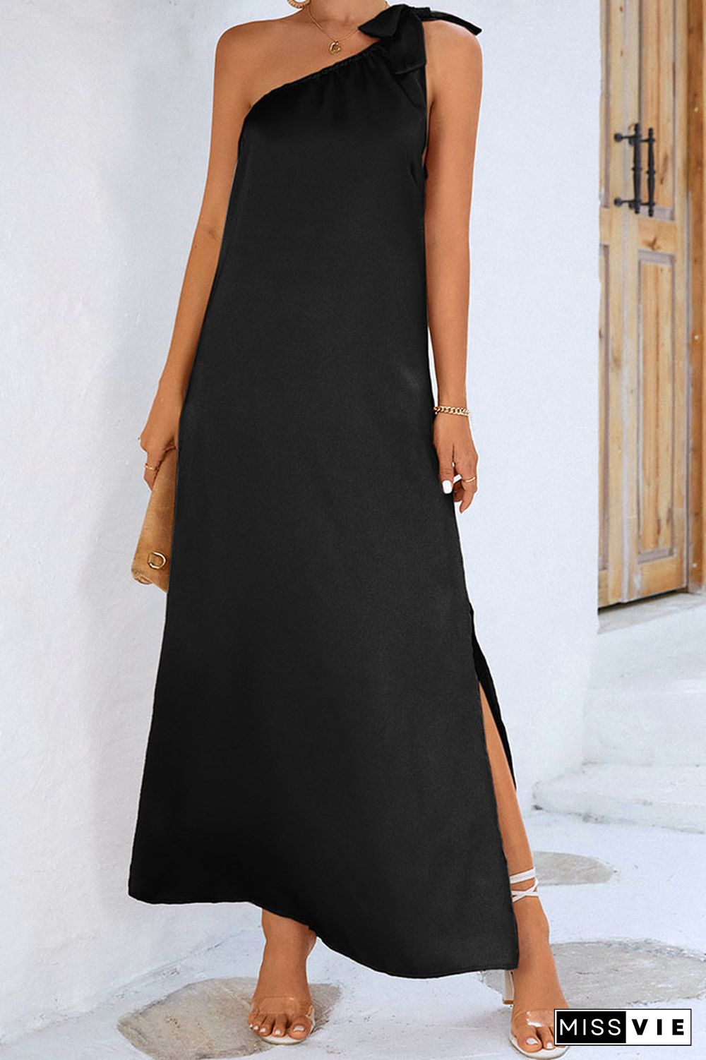 One Shoulder Tie Knot Split Maxi Dress