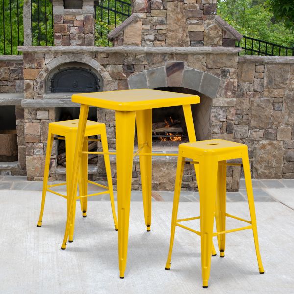 Flash Furniture 23.75'' Square Yellow Metal Indoor-Outdoor Bar Table Set with 2 Square Seat Backless Barstools