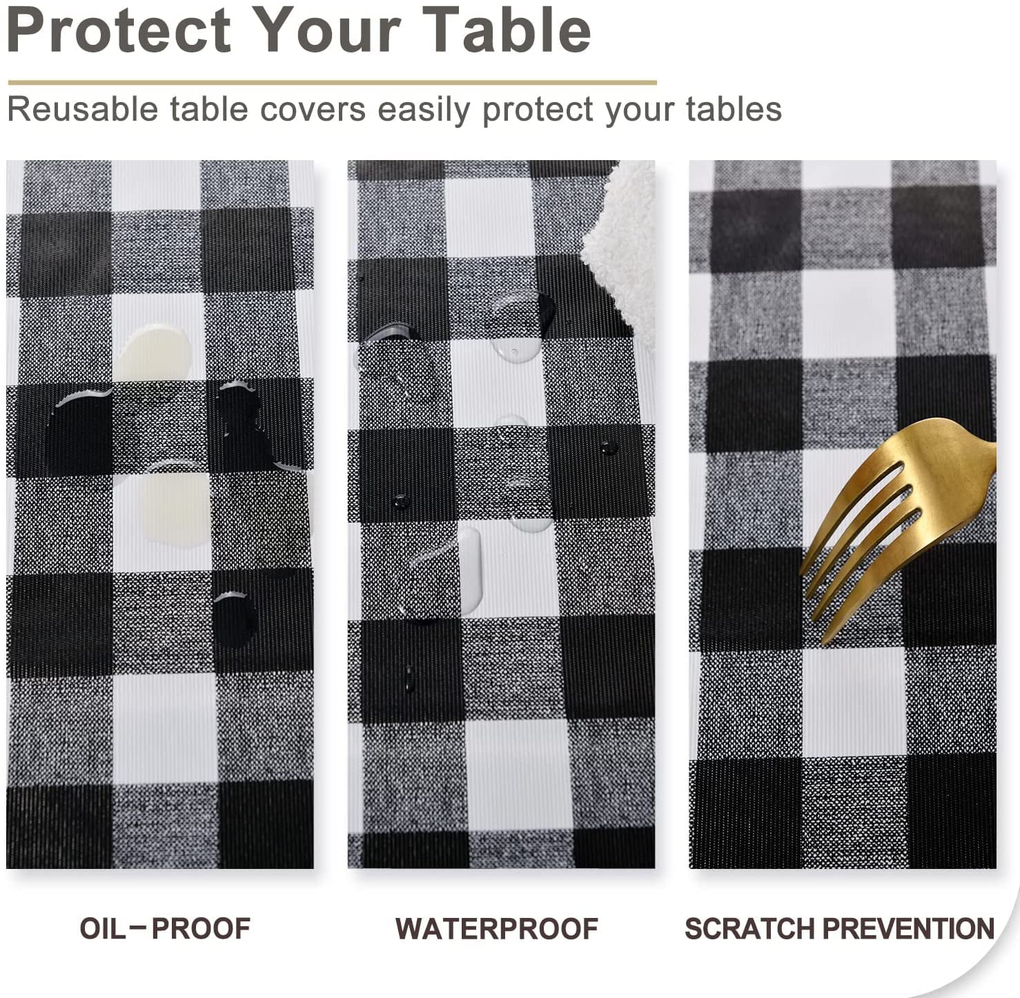 Hiasan Checkered Vinyl Tablecloth Rectangle - 54 x 80 Inch - 100% Waterproof & Stain Resistant Wipeable Plaid PVC Table Cover for Outdoor Picnic/Kitchen Dining/Farmhouse, Black and White