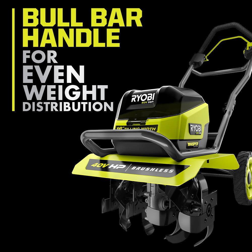 RYOBI 40V HP Brushless 16 in. Front Tine Tiller with Adjustable Tilling Width with 6.0 Ah Battery and Quick Charger RY40730