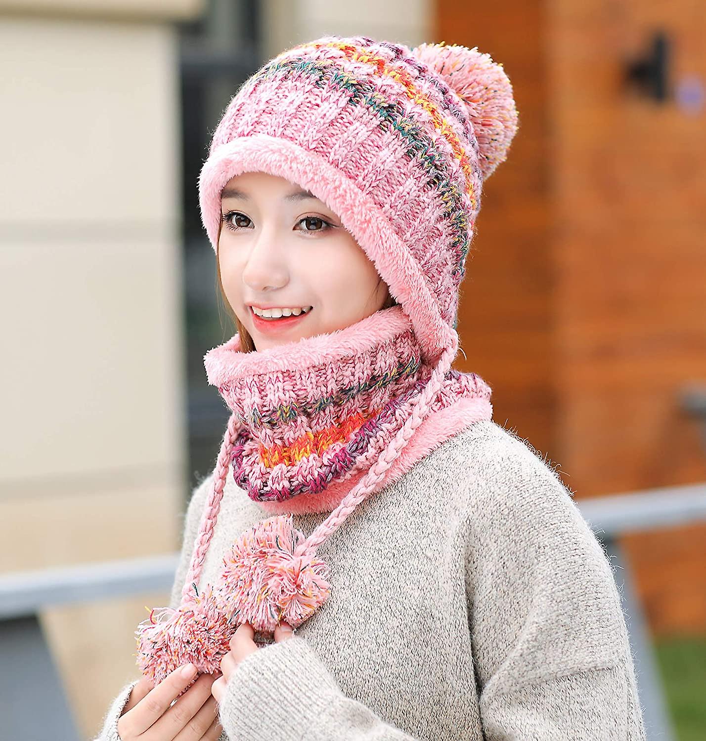 Women Winter Beanie Hat Peruvian Circle Scarf Set Ski Ear Flaps Caps Dual Layered Fleece Lined Pompoms A6-m8771-pink -