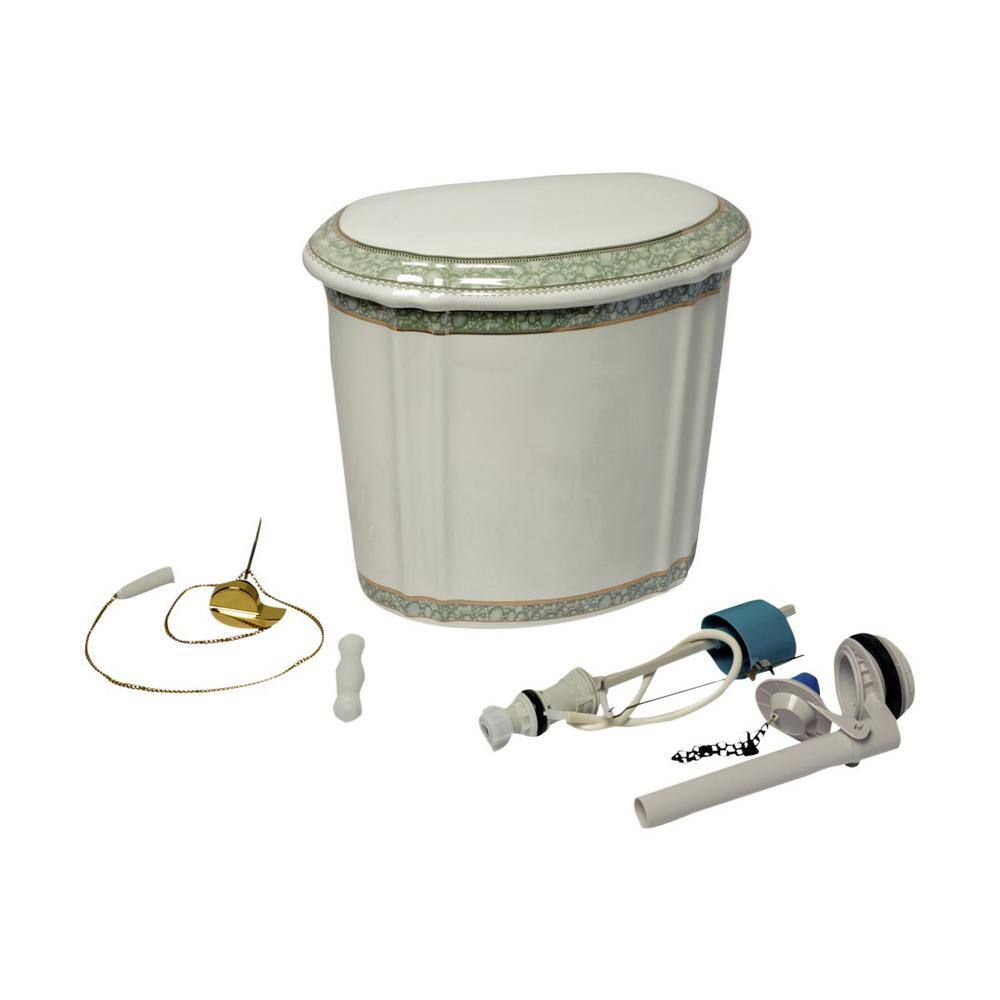 RENOVATORS SUPPLY MANUFACTURING India Reserve High Tank Toilet Single Flush Elongated Bowl in White and Green with Tank and Brass Rear Entry Pipes 17800