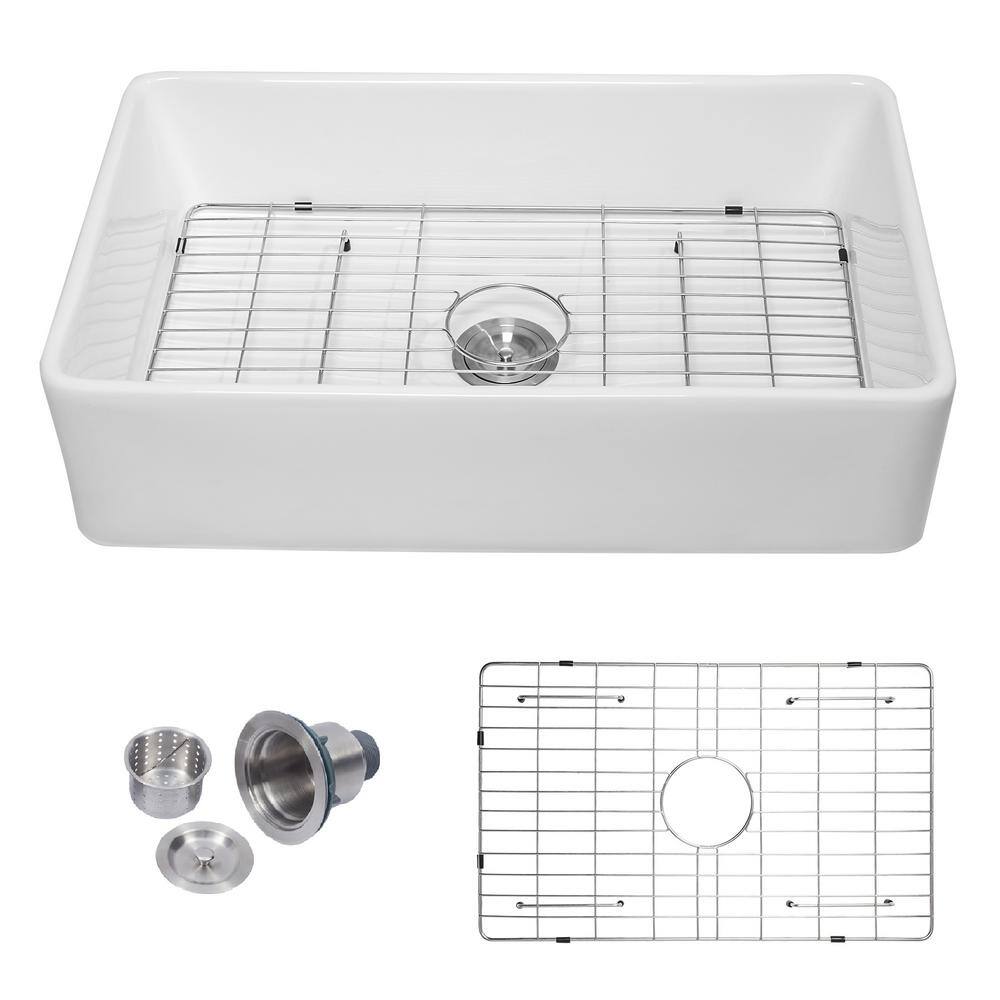 LORDEAR White Fireclay 33 in. Single Bowl Farmhouse Apron Front Kitchen Sink with Bottom Grid HAW3320R1