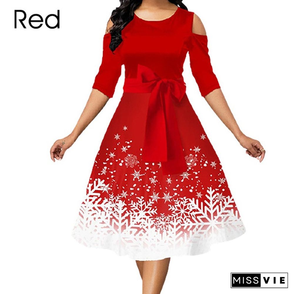 Women Fashion Belted Snowflake Print Christmas Dress Cold Shoulder Round Neck Party Dress Plus Size A-Line Dresses