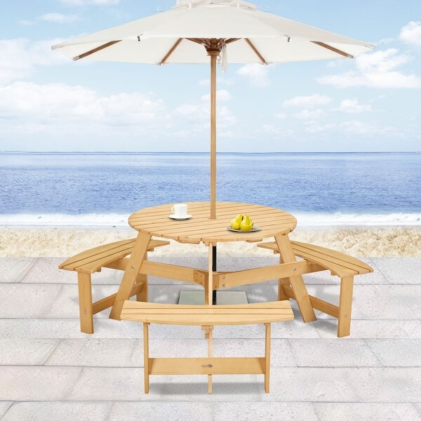 63 in. Wood Round Picnic Tables Set with Umbrella Hole and Benches