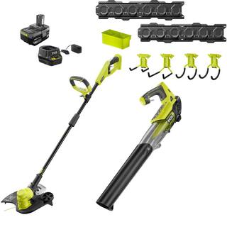 RYOBI ONE+ 18V Cordless Battery String TrimmerEdger  Jet Fan Blower wLINK Wall Storage Kit- 4.0Ah Battery  Charger P2035-ST