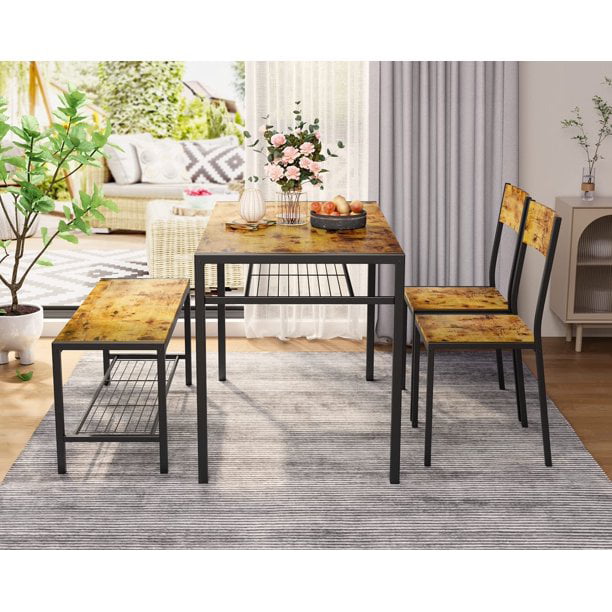 Aiho 4 Piece Dining Table with 2 Chairs and Bench for Kitchen, Small Space, Retro