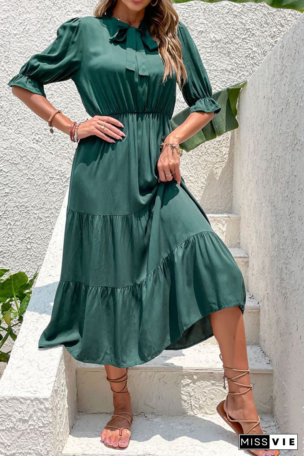 Dark Green Half Sleeve Midi Dress Wholesale